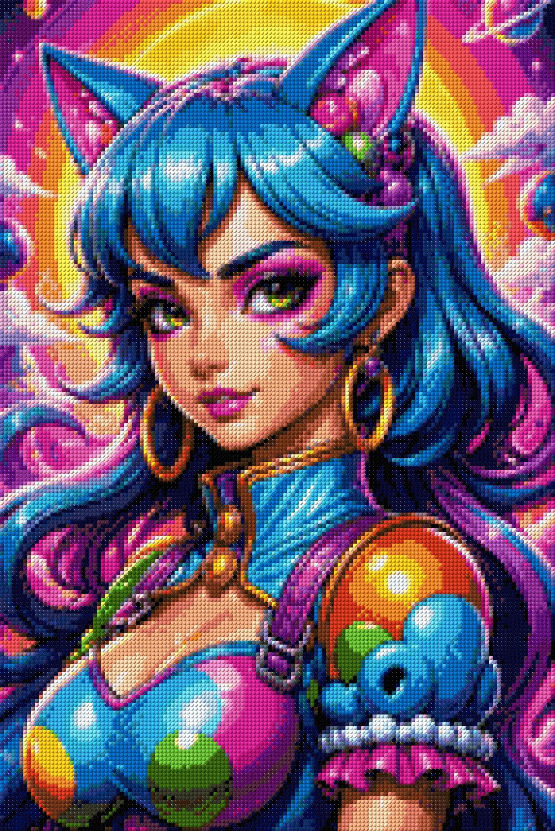 Character with blue hair and cat ears in a colourful cosmic setting. Size - 40cm x 60cm