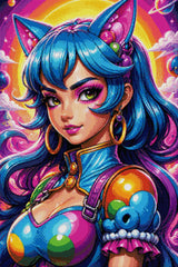 Character with blue hair and cat ears in a colourful cosmic setting. Size - 60cm x 90cm