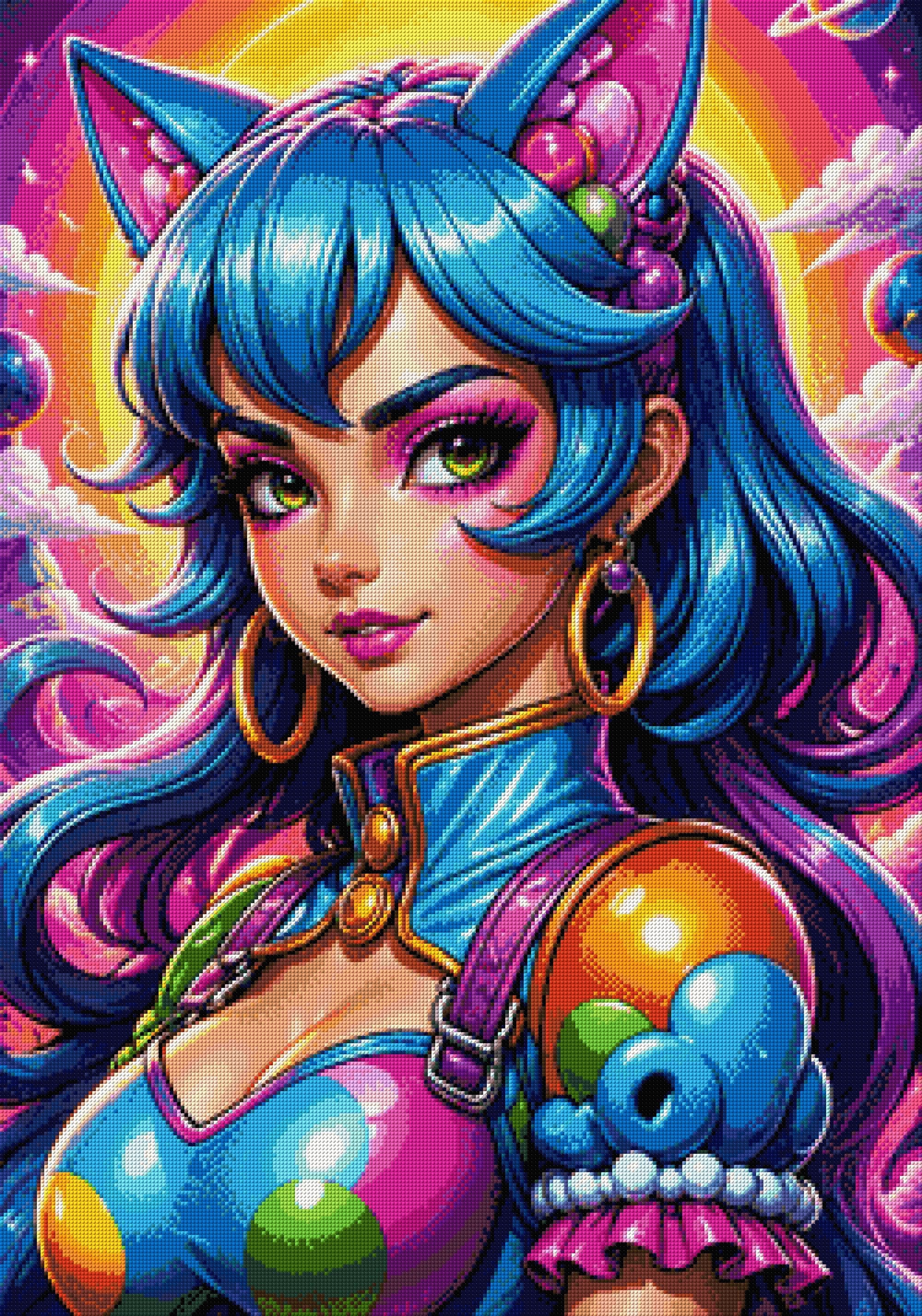 Character with blue hair and cat ears in a colourful cosmic setting. Size - 70cm x 100cm