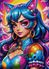 Character with blue hair and cat ears in a colourful cosmic setting. Size - 70cm x 100cm