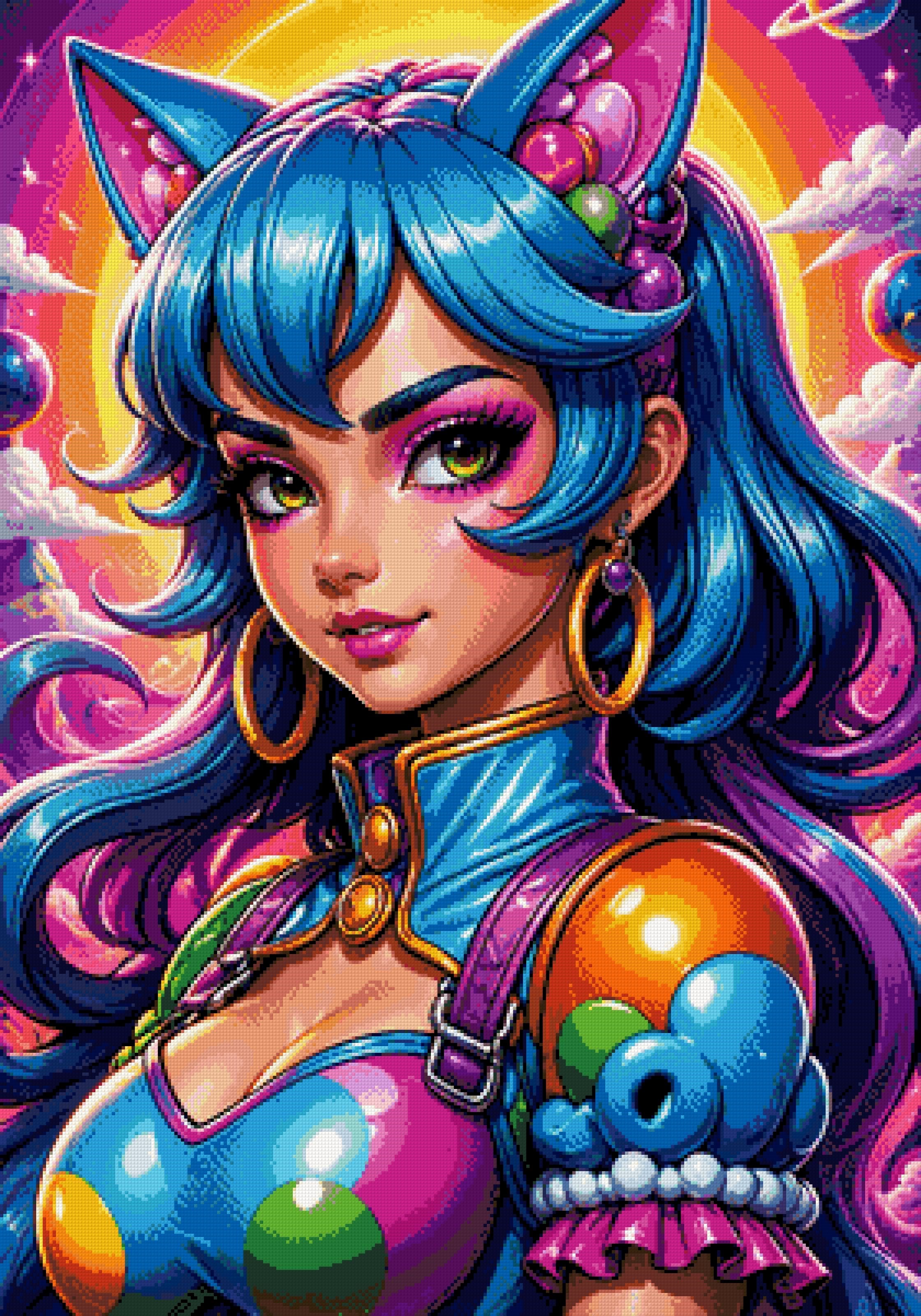 Character with blue hair and cat ears in a colourful cosmic setting. Size - 70cm x 100cm
