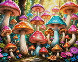 colourful mushrooms in a sunlit forest with flowers and leaves. Size - 100cm x 80cm
