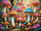 colourful mushrooms in a sunlit forest with flowers and leaves. Size - 40cm x 30cm
