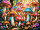 colourful mushrooms in a sunlit forest with flowers and leaves. Size - 40cm x 30cm