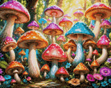 colourful mushrooms in a sunlit forest with flowers and leaves. Size - 50cm x 40cm