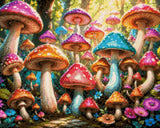 colourful mushrooms in a sunlit forest with flowers and leaves. Size - 50cm x 40cm