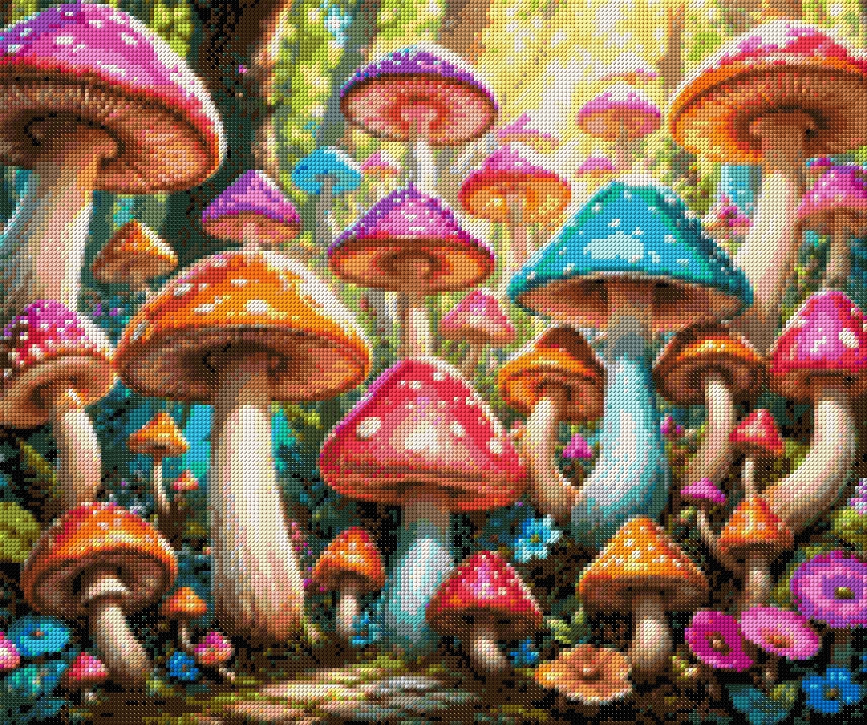 colourful mushrooms in a sunlit forest with flowers and leaves. Size - 60cm x 50cm