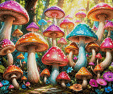 colourful mushrooms in a sunlit forest with flowers and leaves. Size - 60cm x 50cm