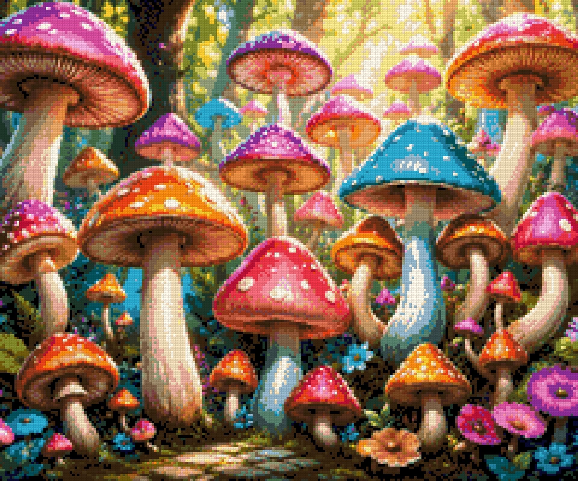 colourful mushrooms in a sunlit forest with flowers and leaves. Size - 60cm x 50cm
