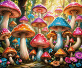 colourful mushrooms in a sunlit forest with flowers and leaves. Size - 60cm x 50cm
