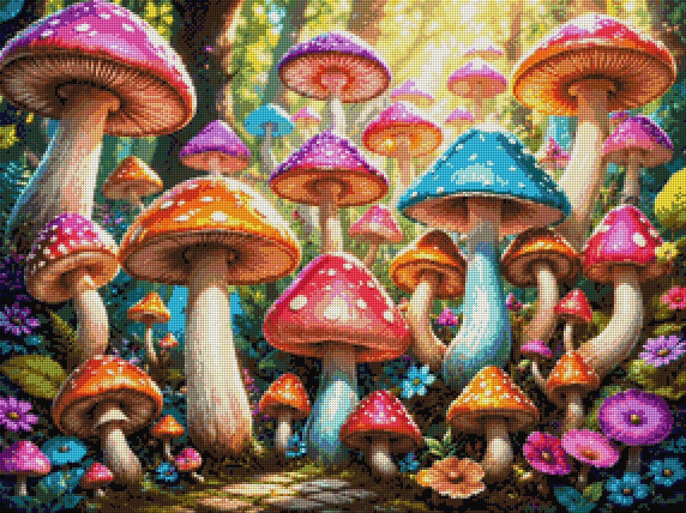 colourful mushrooms in a sunlit forest with flowers and leaves. Size - 80cm x 60cm