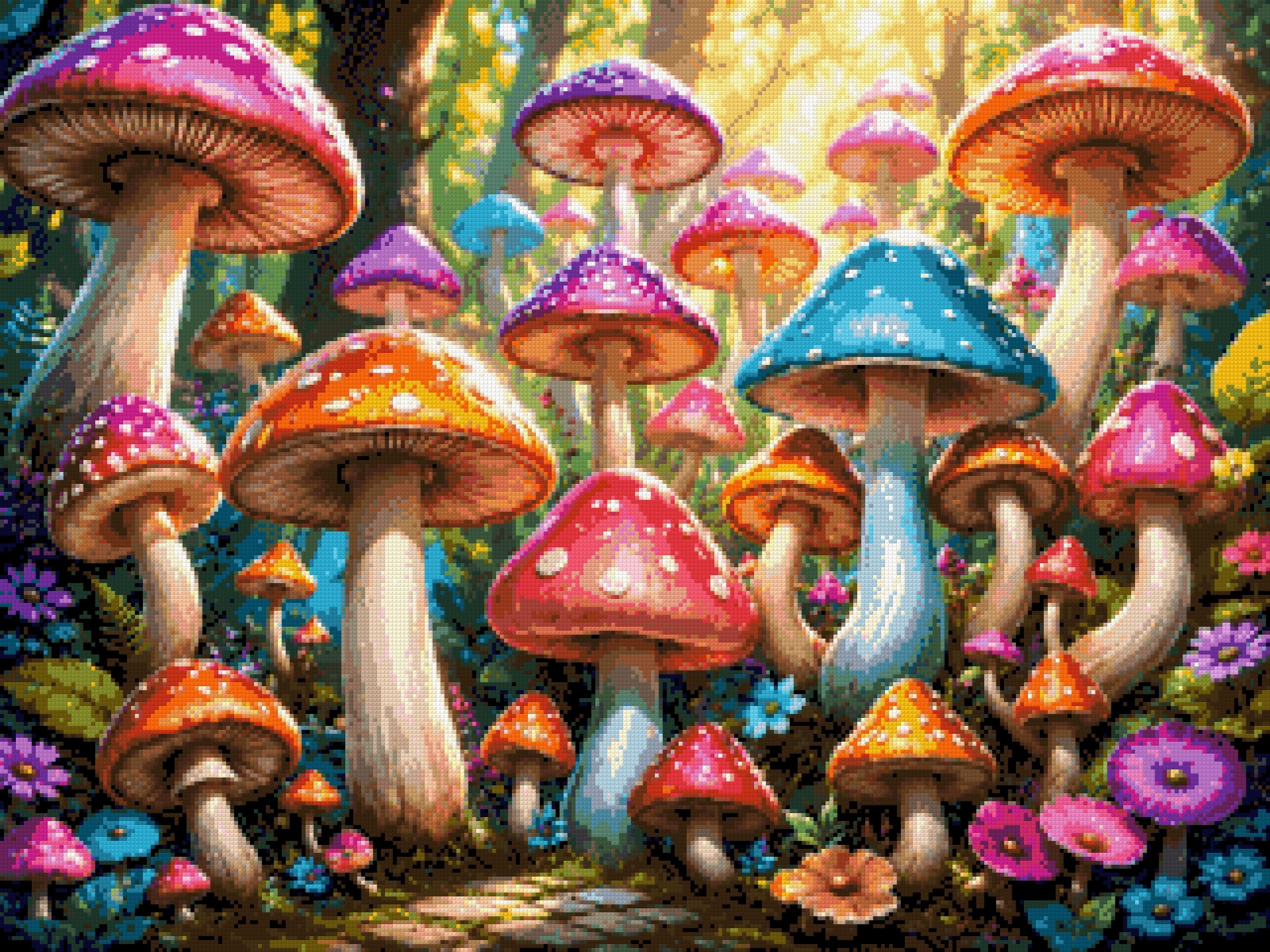 colourful mushrooms in a sunlit forest with flowers and leaves. Size - 80cm x 60cm