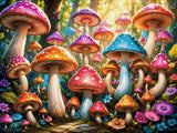 colourful mushrooms in a sunlit forest with flowers and leaves. Size - 80cm x 60cm