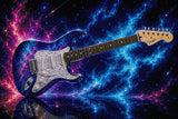 Electric guitar with a cosmic blue design against a nebula backdrop. Size - 90cm x 60cm