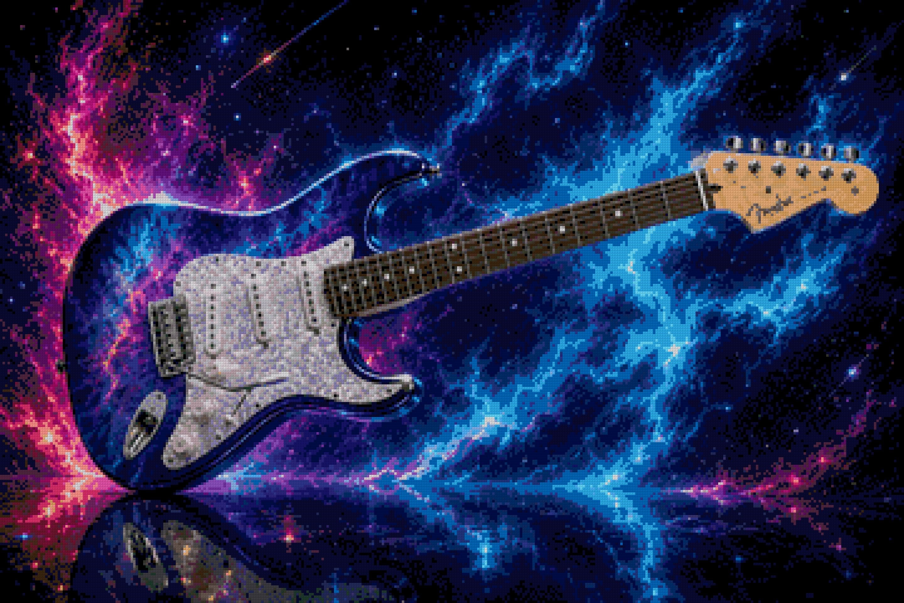 Electric guitar with a cosmic blue design against a nebula backdrop. Size - 90cm x 60cm