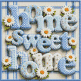 Blue and white letters spelling 'home sweet home' with daisies on a plaid background. Size - 30cm x 30cm