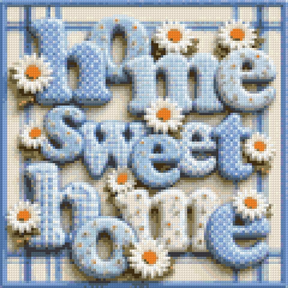 Blue and white letters spelling 'home sweet home' with daisies on a plaid background. Size - 30cm x 30cm