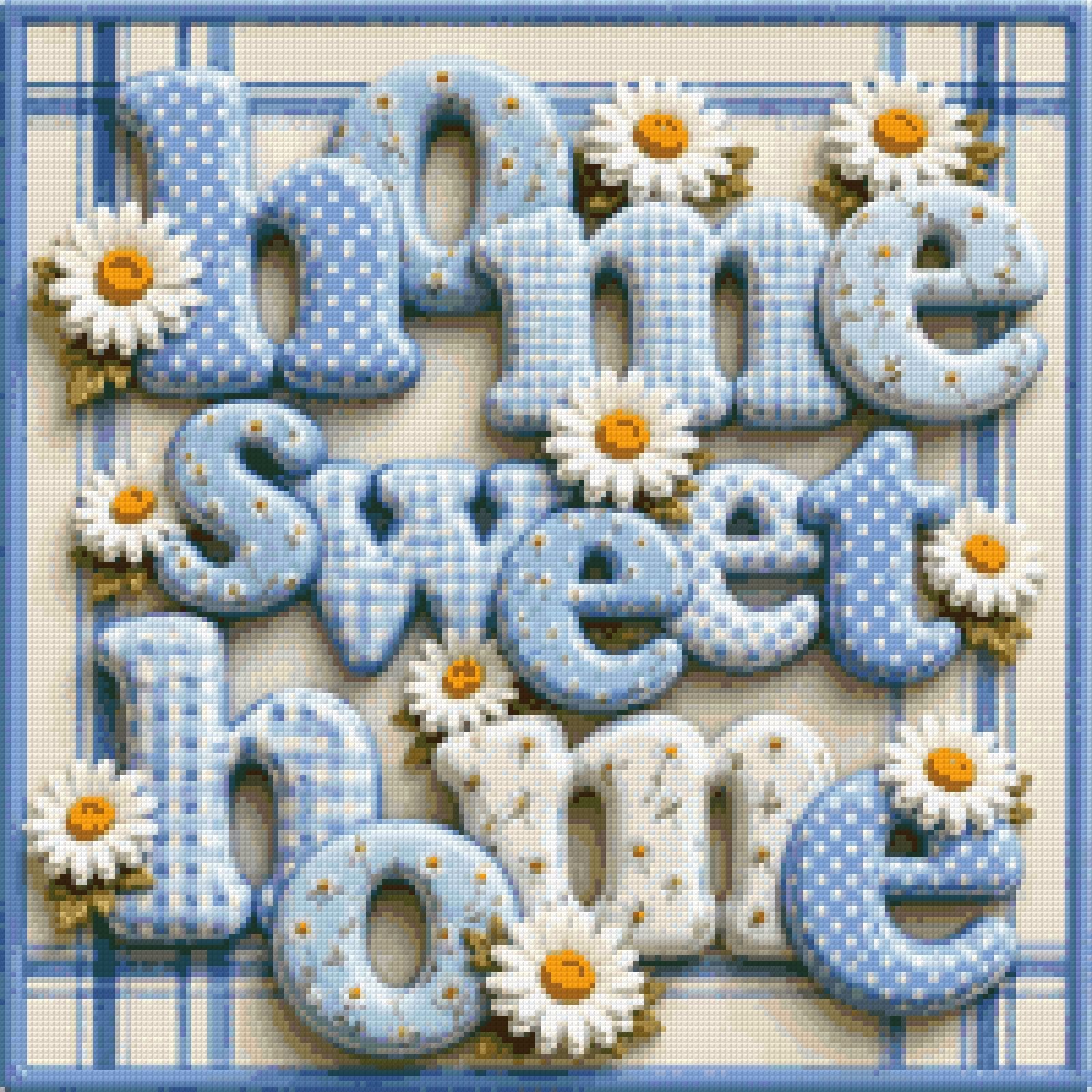 Blue and white letters spelling 'home sweet home' with daisies on a plaid background. Size - 50cm x 50cm