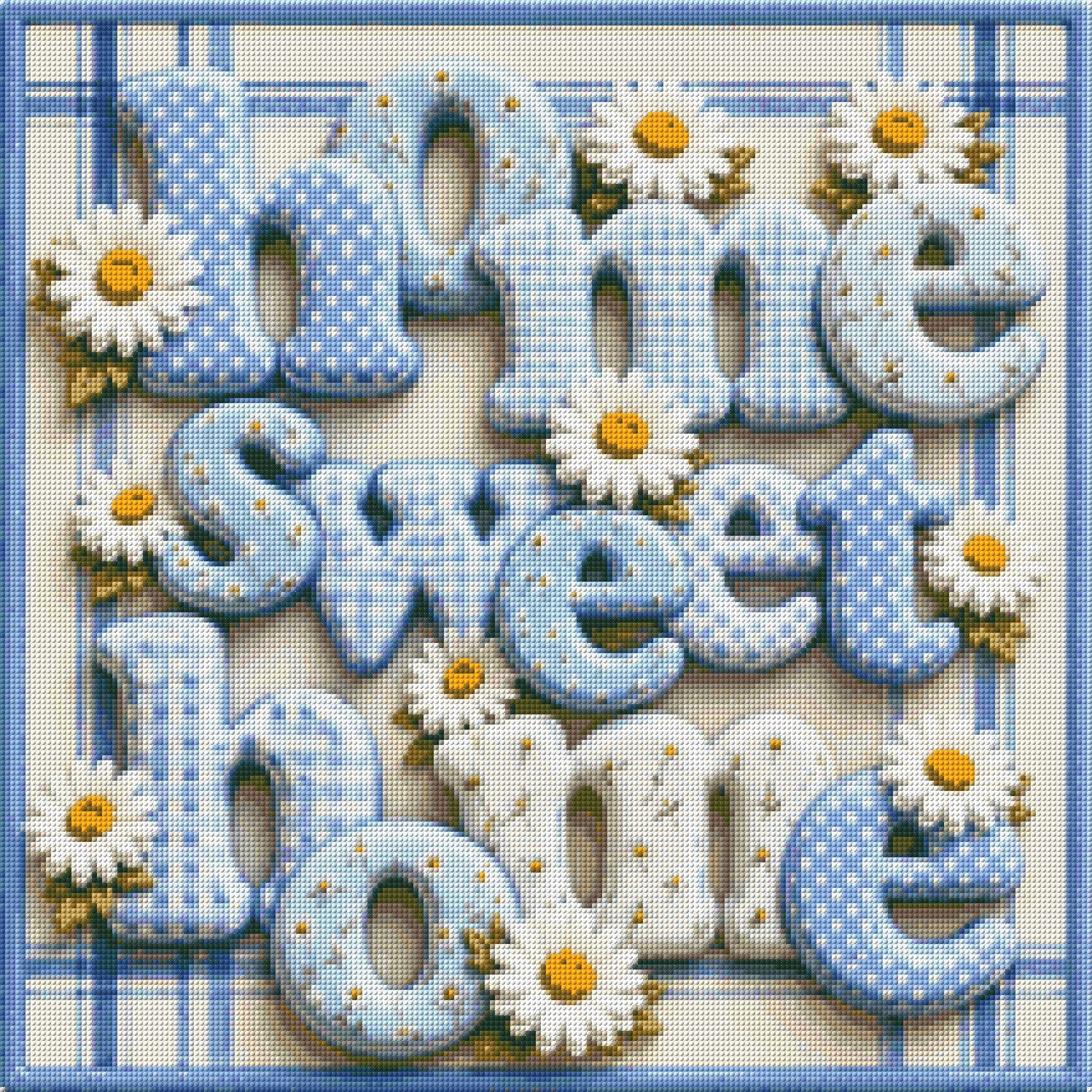Blue and white letters spelling 'home sweet home' with daisies on a plaid background. Size - 60cm x 60cm