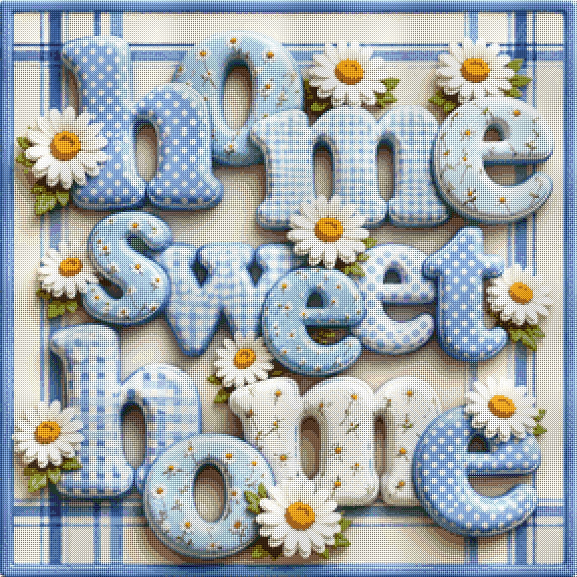 Blue and white letters spelling 'home sweet home' with daisies on a plaid background. Size - 80cm x 80cm