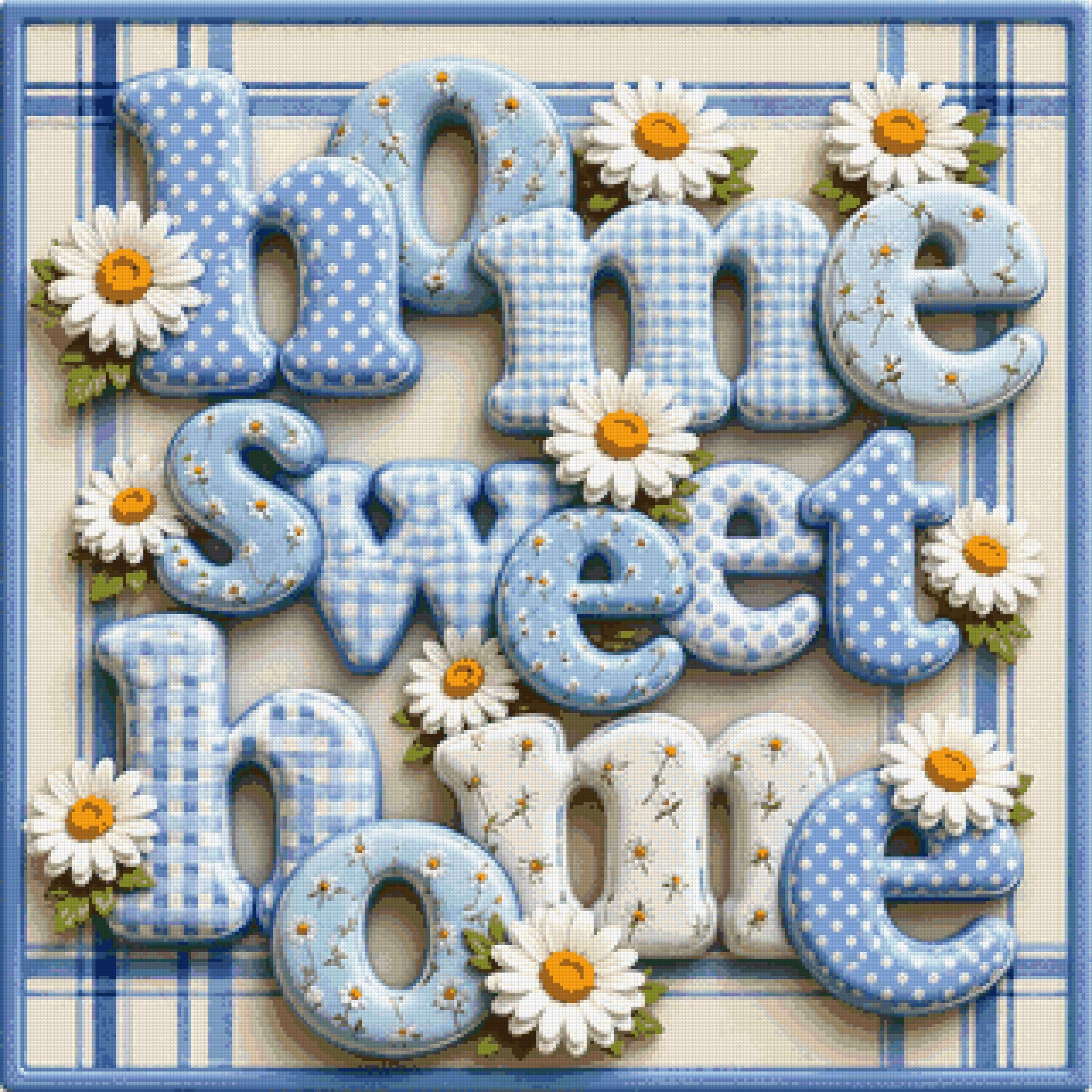 Blue and white letters spelling 'home sweet home' with daisies on a plaid background. Size - 80cm x 80cm