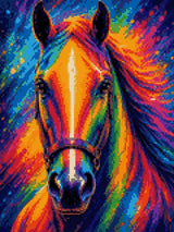 A vividly coloured horse with a rainbow mane and background. Size - 30cm x 40cm