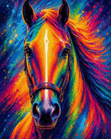 A vividly coloured horse with a rainbow mane and background. Size - 40cm x 50cm
