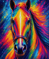 A vividly coloured horse with a rainbow mane and background. Size - 50cm x 60cm