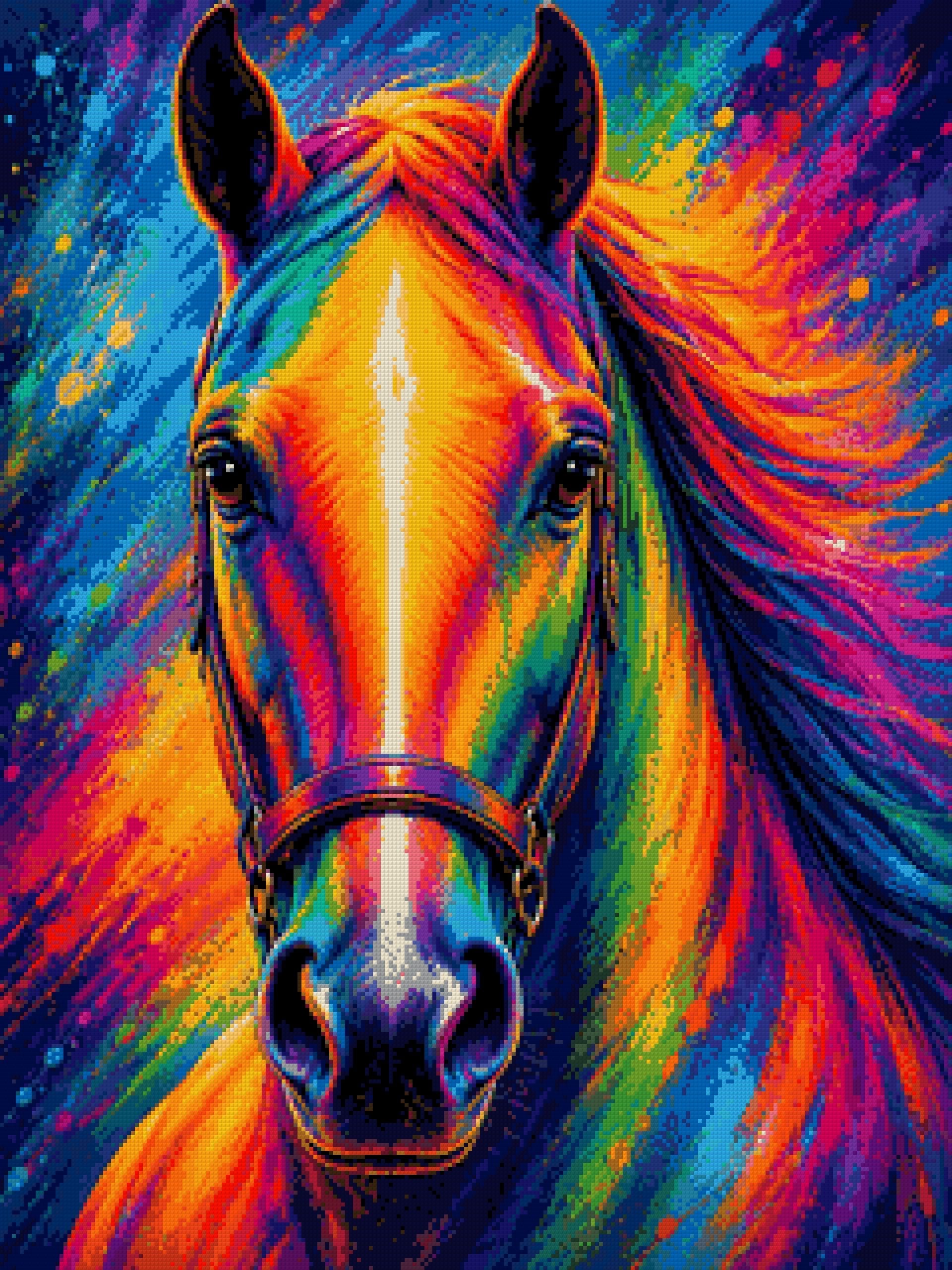 A vividly coloured horse with a rainbow mane and background. Size - 60cm x 80cm