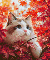 Cat with blue eyes in red autumn leaves, looking curiously. Size - 50cm x 60cm