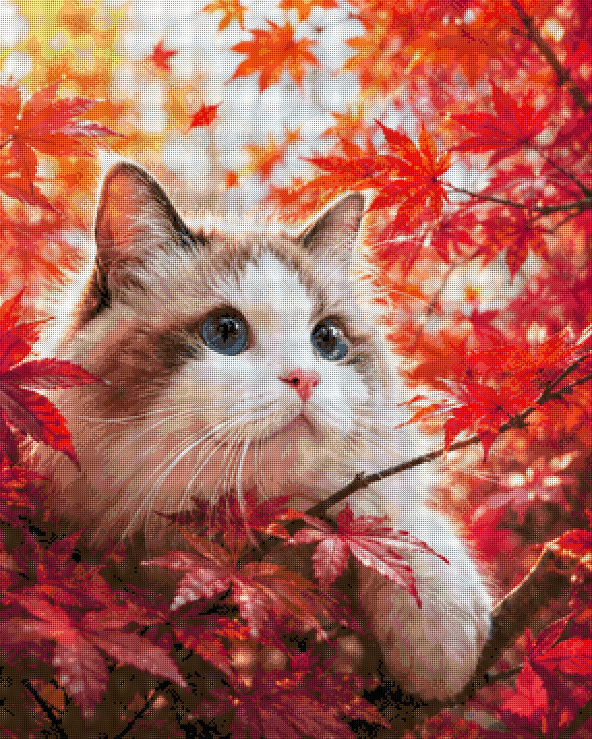 Cat with blue eyes in red autumn leaves, looking curiously. Size - 80cm x 100cm