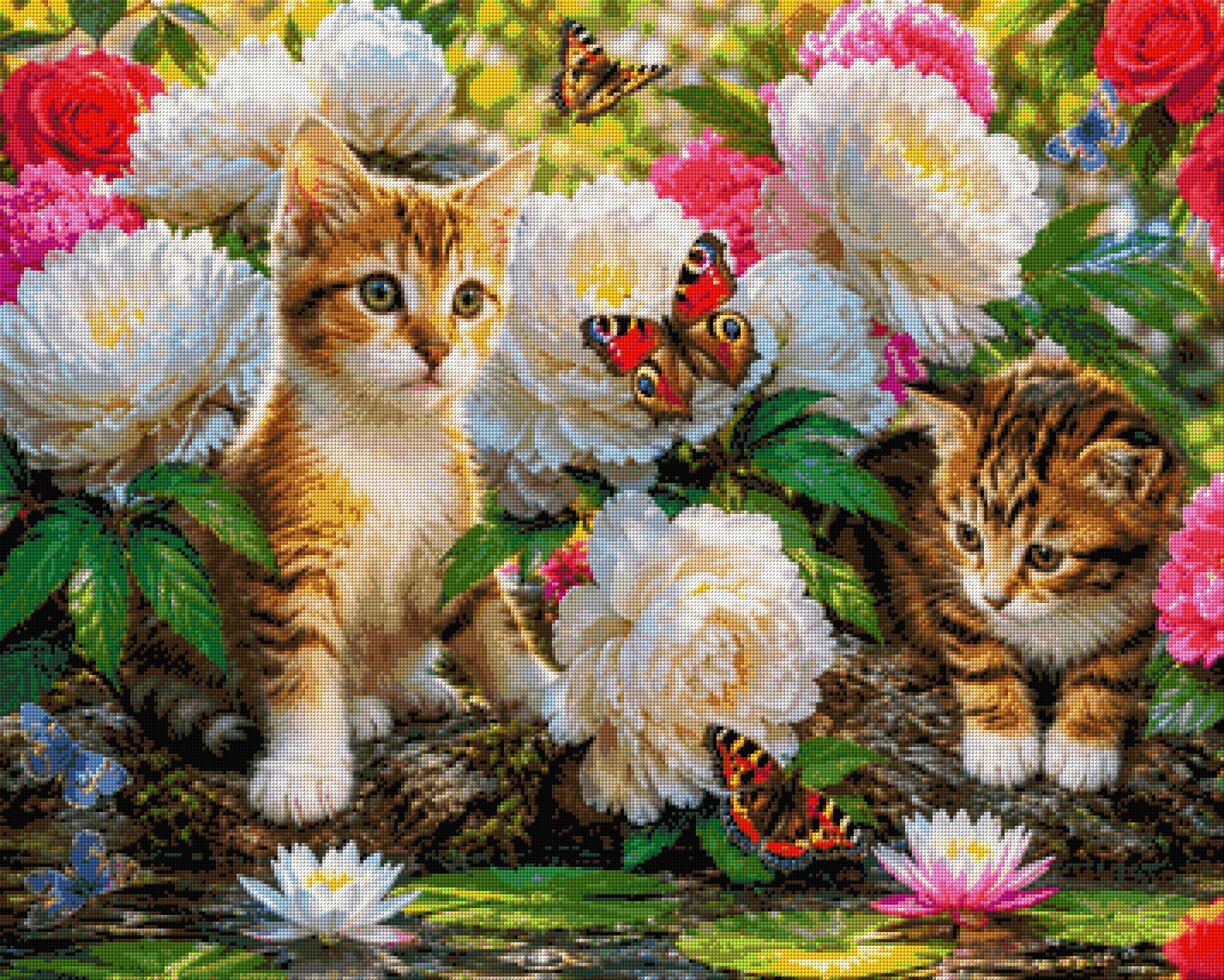 Two kittens surrounded by flowers and butterflies by a pond. Size - 100cm x 80cm