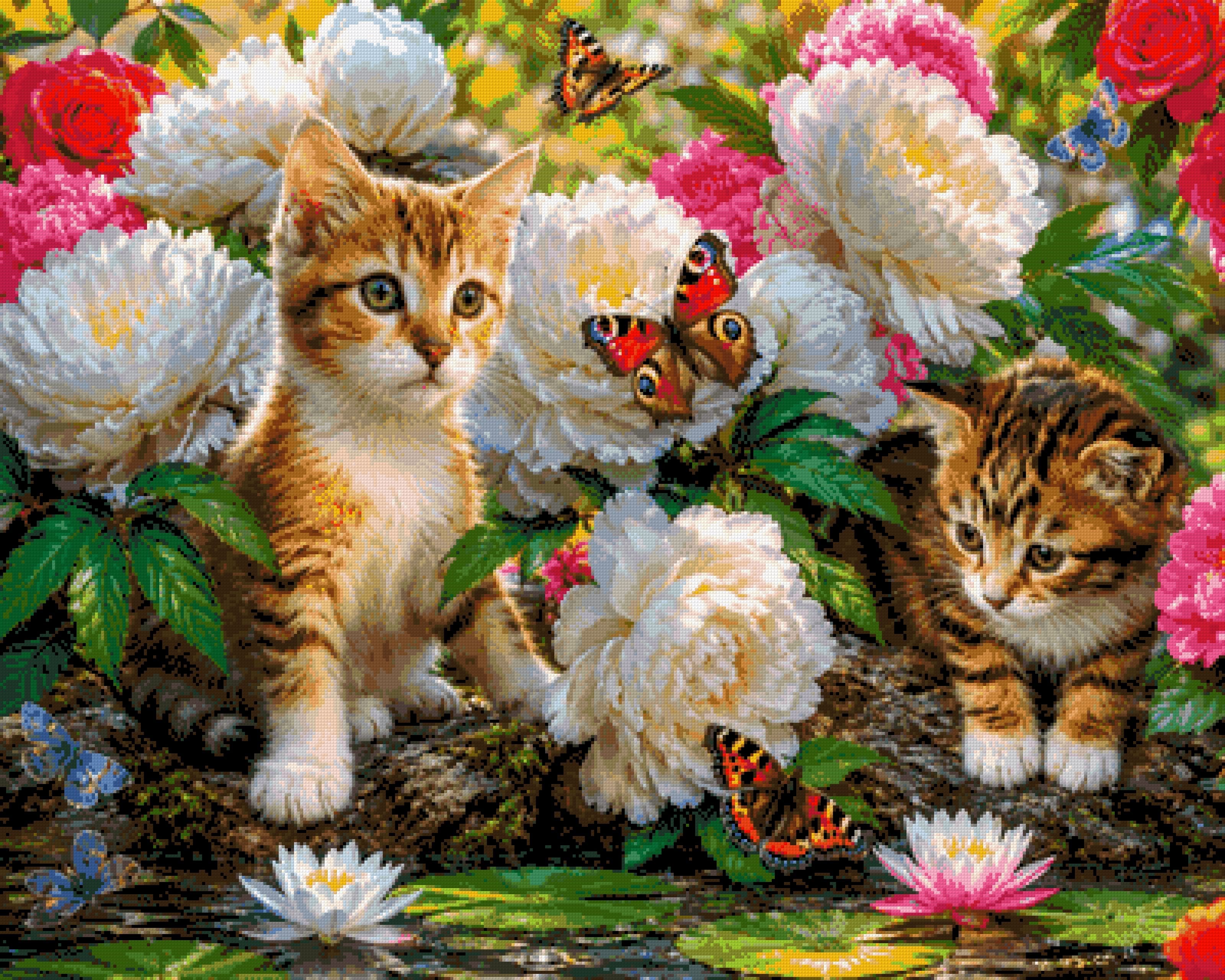 Two kittens surrounded by flowers and butterflies by a pond. Size - 100cm x 80cm