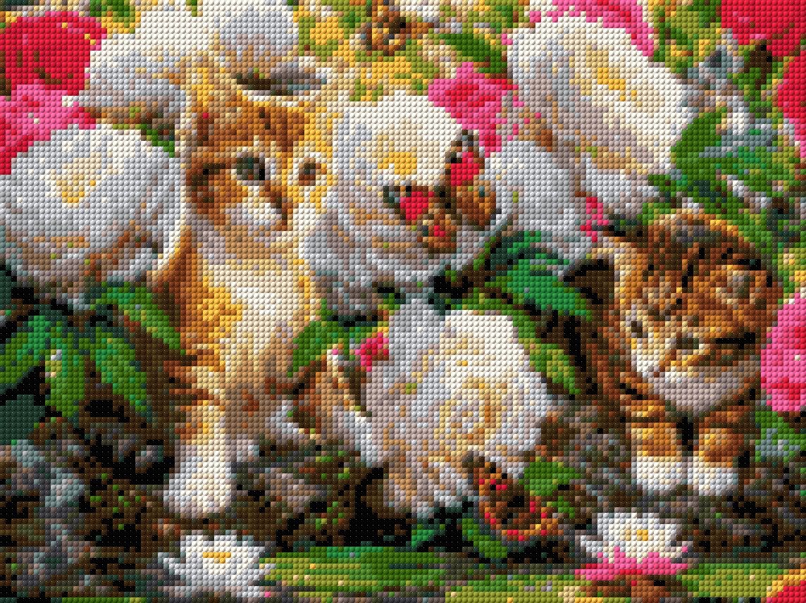 Two kittens surrounded by flowers and butterflies by a pond. Size - 40cm x 30cm