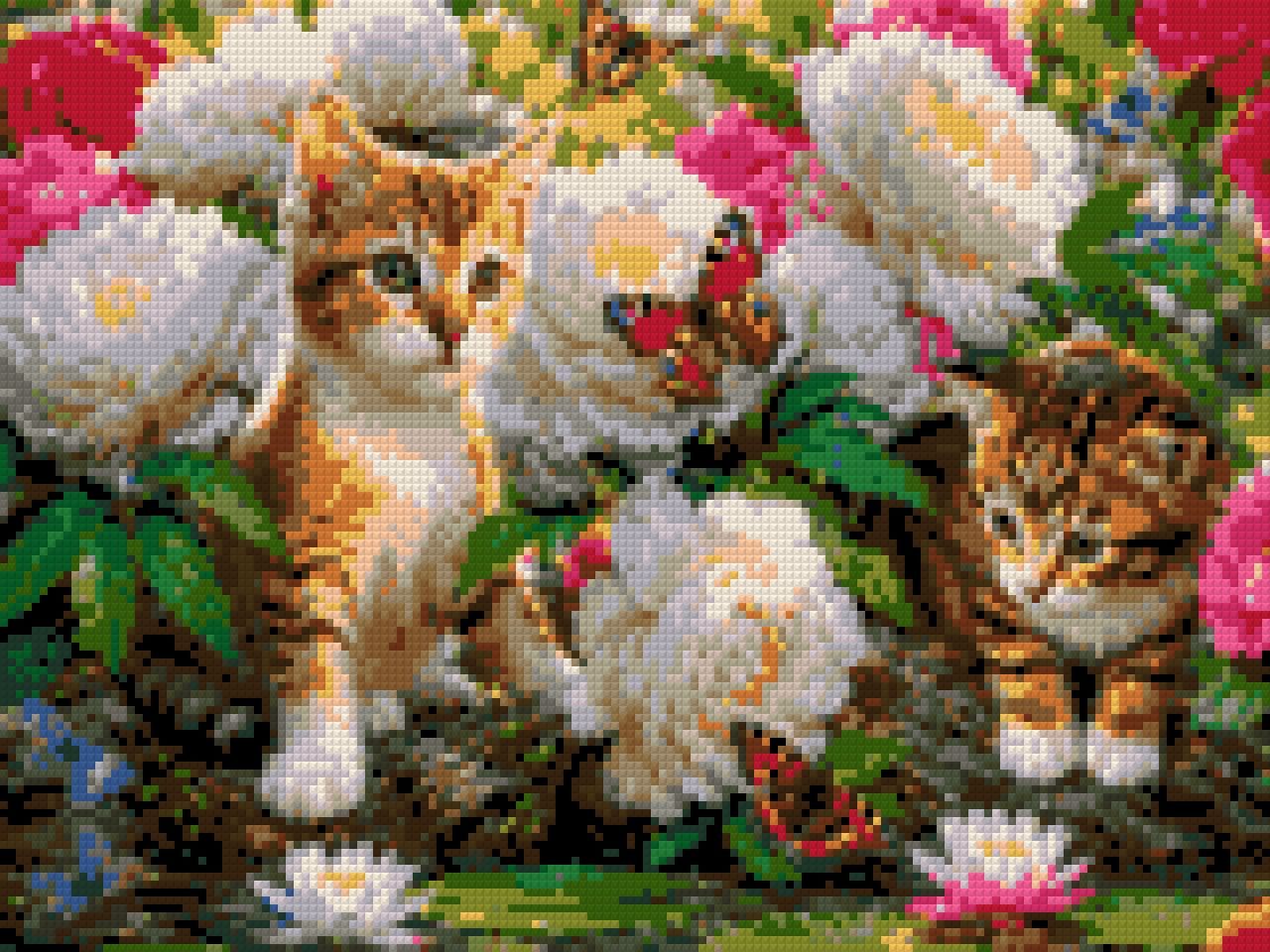 Two kittens surrounded by flowers and butterflies by a pond. Size - 40cm x 30cm