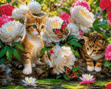 Two kittens surrounded by flowers and butterflies by a pond. Size - 50cm x 40cm