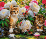 Two kittens surrounded by flowers and butterflies by a pond. Size - 60cm x 50cm