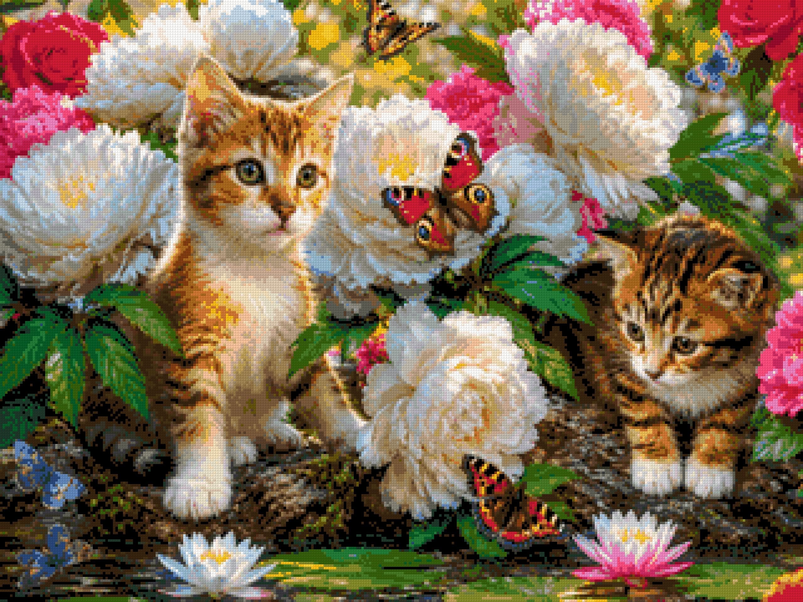 Two kittens surrounded by flowers and butterflies by a pond. Size - 80cm x 60cm