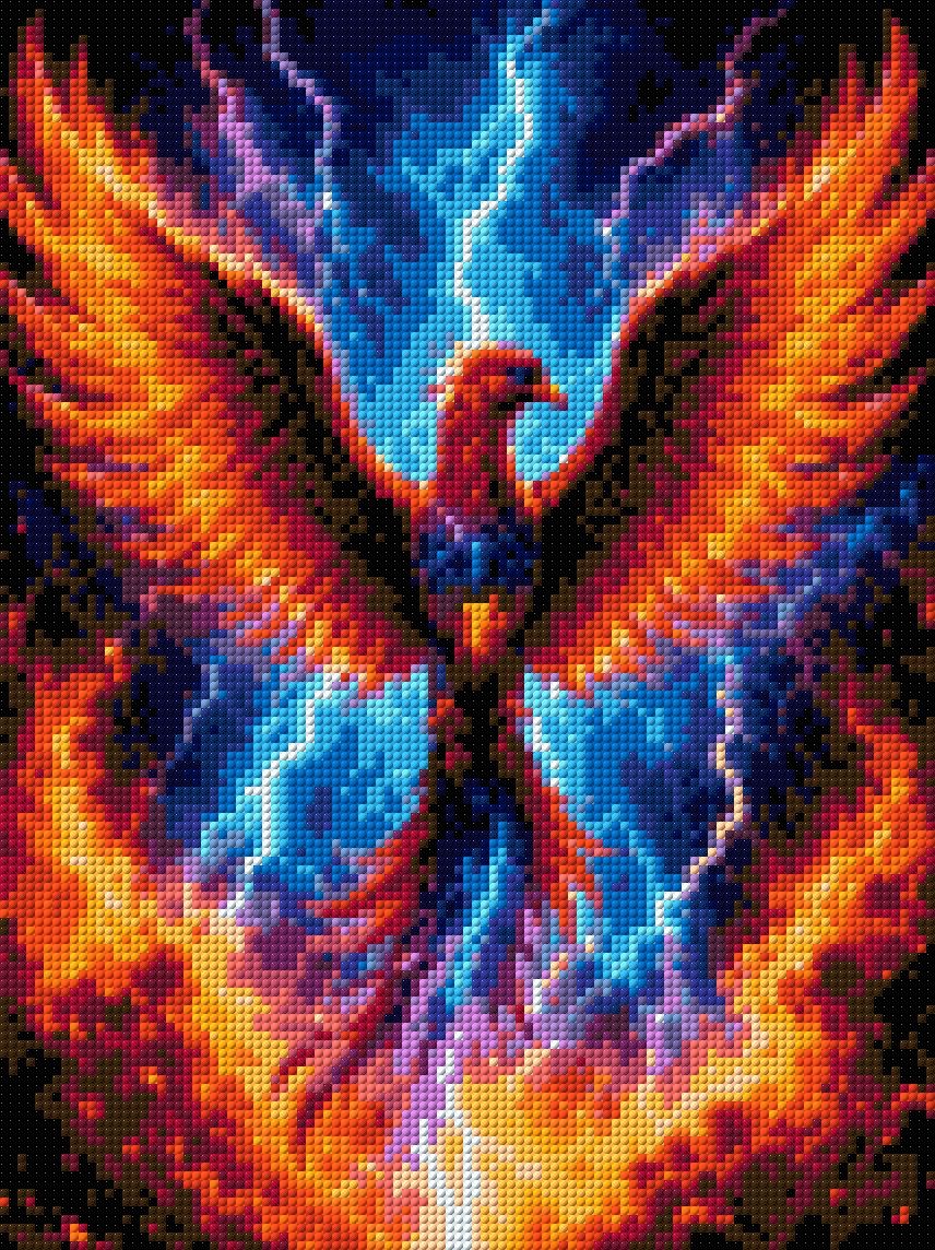 A vibrant phoenix with fiery wings spreads amidst lightning and storm clouds. Size - 30cm x 40cm