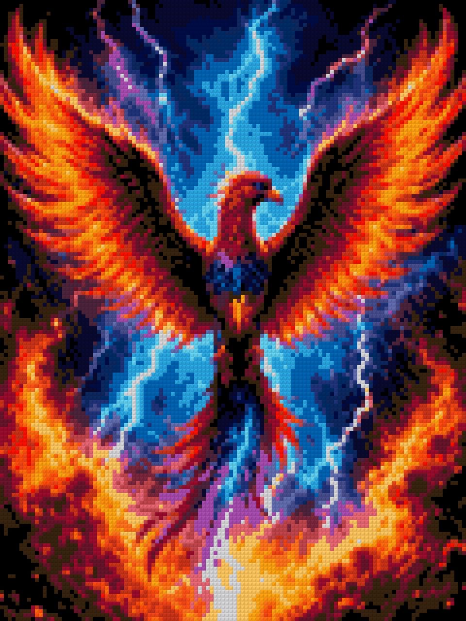 A vibrant phoenix with fiery wings spreads amidst lightning and storm clouds. Size - 30cm x 40cm