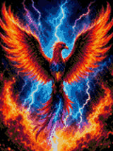 A vibrant phoenix with fiery wings spreads amidst lightning and storm clouds. Size - 30cm x 40cm