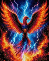 A vibrant phoenix with fiery wings spreads amidst lightning and storm clouds. Size - 40cm x 50cm