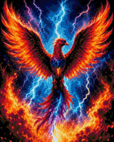 A vibrant phoenix with fiery wings spreads amidst lightning and storm clouds. Size - 40cm x 50cm