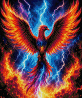A vibrant phoenix with fiery wings spreads amidst lightning and storm clouds. Size - 50cm x 60cm