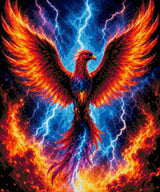 A vibrant phoenix with fiery wings spreads amidst lightning and storm clouds. Size - 50cm x 60cm