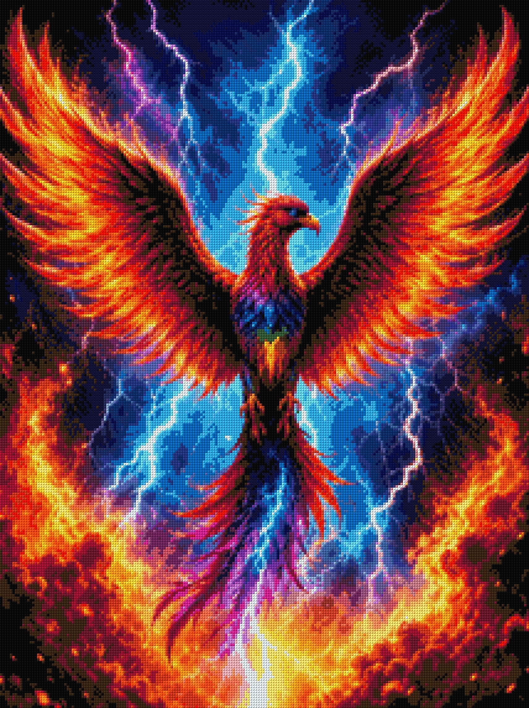 A vibrant phoenix with fiery wings spreads amidst lightning and storm clouds. Size - 60cm x 80cm