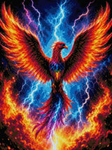 A vibrant phoenix with fiery wings spreads amidst lightning and storm clouds. Size - 60cm x 80cm