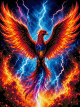 A vibrant phoenix with fiery wings spreads amidst lightning and storm clouds. Size - 60cm x 80cm
