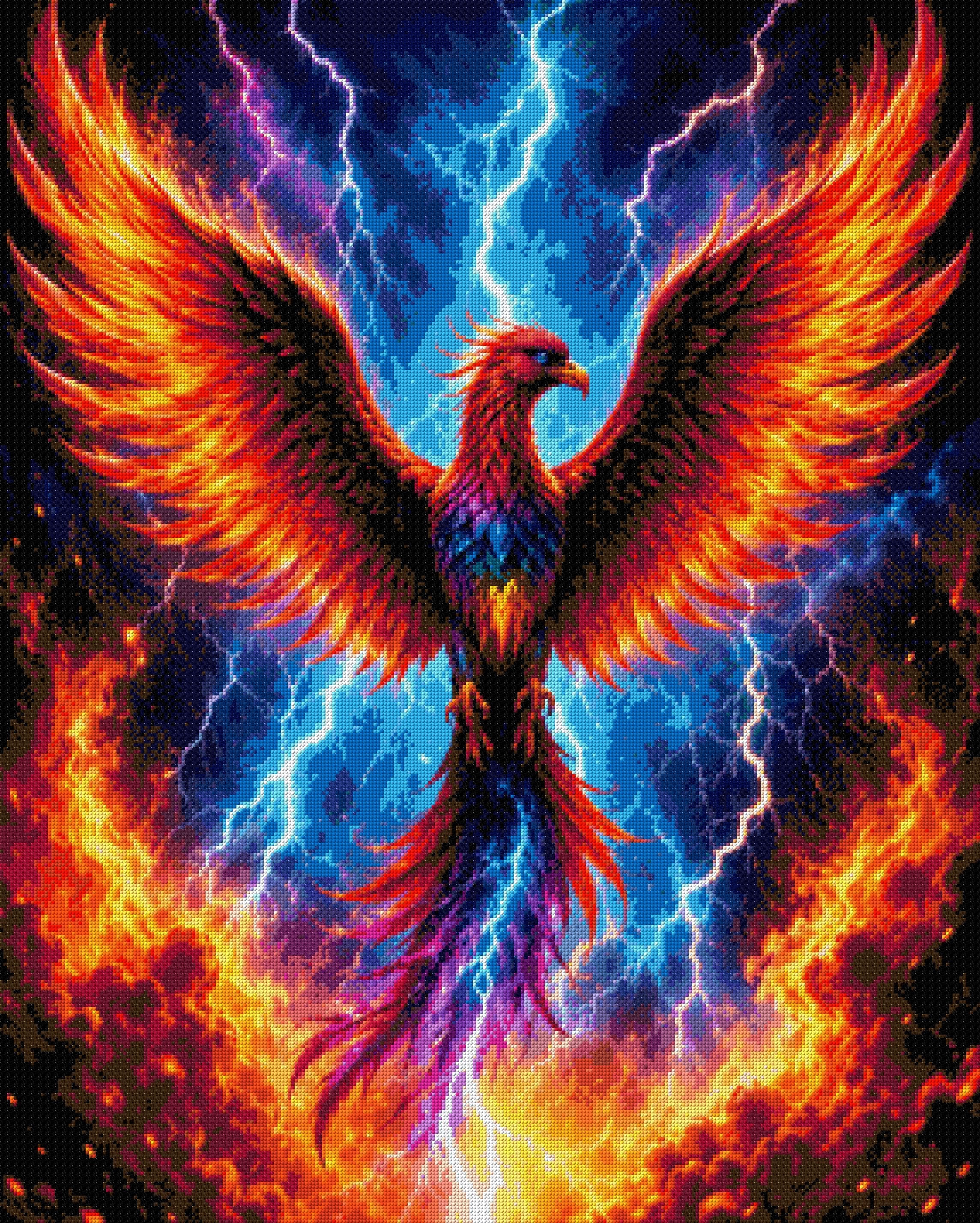 A vibrant phoenix with fiery wings spreads amidst lightning and storm clouds. Size - 80cm x 100cm