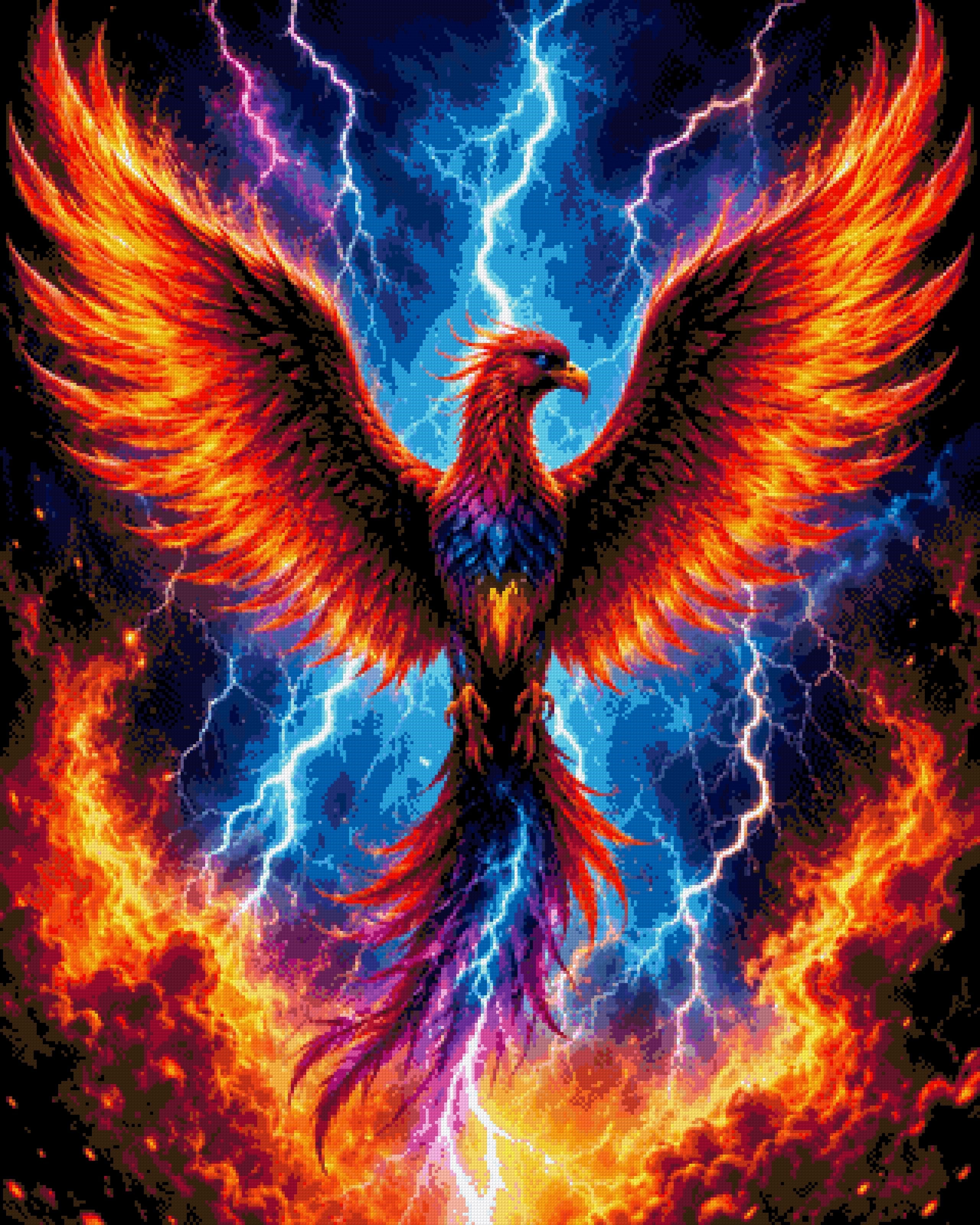 A vibrant phoenix with fiery wings spreads amidst lightning and storm clouds. Size - 80cm x 100cm